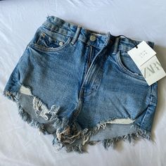 Size: 2 Color: Blue Never Worn Before, Tags Still On Blue Summer Jeans, Blue High Rise Jean Shorts For Summer, High Rise Blue Jean Shorts For Summer, Summer Blue Jeans Short Length, Zara Cutoff Jean Shorts For Spring, Spring Zara Cutoff Jean Shorts, Zara High Rise Jeans For Summer, Zara Trendy Jean Shorts For Summer, Blue Denim Jean Shorts For Summer