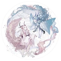 two anime characters sitting on top of each other in front of a white circle with blue and pink designs