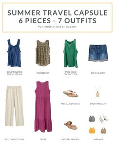 Summer Travel Capsule 6 Pieces 7 Outfits Hot Weather Travel Capsule, Summer Travel Capsule Wardrobe 2023, 10 Day Travel Wardrobe Summer, Travel Light Summer, Summer Travel Capsule Wardrobe, Summer Travel Capsule, Vegas Packing, Summer Packing List, Travel Capsule Wardrobe Summer