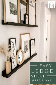 two shelves with pictures and frames on them, one shelf is made out of wood