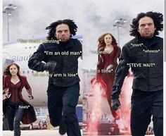 the avengers movie characters running in front of an airplane with caption that reads,'i'm an old man steve watt