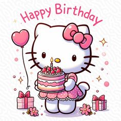 a hello kitty holding a birthday cake with pink balloons on it's head and the words happy birthday written in large letters