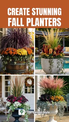 several different types of potted plants with the words create stunning fall planters