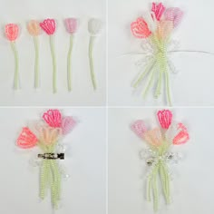 four different pictures of flowers made out of string and plastic beads, each with a single flower in the middle