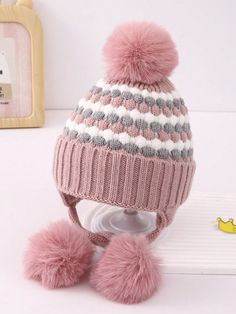 1pc Kids Pom Pom Dotted Ear Warmer Beanie Hat, Casual Warm Winter Knitted Cap Army Green,Beige,Pink,Red,Yellow Casual,Cute   Acrylic  Knit Hat   Kids Accessories, size features are:Bust: ,Length: ,Sleeve Length: Warm Acrylic Cap Bonnet, Playful Warm Bonnet Cap, Cute Yellow Winter Hat, Winter Pink Cap, Pink Warm Casual Bonnet, Casual Warm Pink Bonnet, Warm Pink Casual Bonnet, Cute Brimmed Winter Bonnet, Playful Winter Bonnet Cap