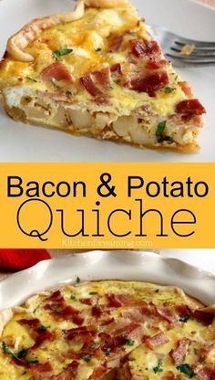 bacon and potato quiche on a white plate with a yellow border around the edges