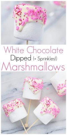 white chocolate dipped marshmallows with pink sprinkles on top and in the middle