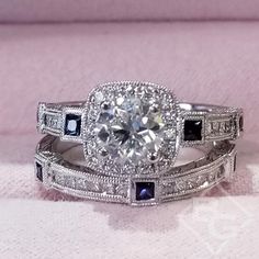 Kirk Kara "Carmella" Cushion Halo Baguette Station Blue Sapphire Diamo Sapphire Diamond Wedding Band, Cushion Cut Engagement Rings, Engraving Ring, Sapphire Diamond Engagement Ring, Diamond Sapphire Engagement Ring, Sapphire Diamond Engagement, Cushion Halo, Bridal Design, Cushion Cut Engagement