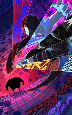 an abstract painting with a black bear in front of purple and pink shapes on the background