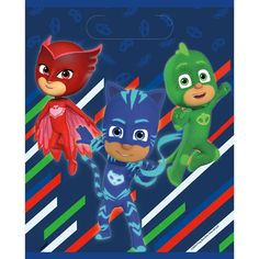 the pj masks are on display in front of a blue and green striped background