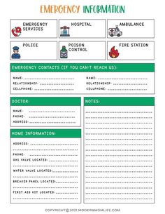 Leave this two-page babysitter information sheet with your babysitter the next time you leave the kids at home. Have peace of mind and be prepared in case an emergency rises. This printable PDF includes: 2 pages to include important family information Emergency Information - One page that includes important phone numbers, medical information, emergency contacts, and home information for babysitters to know. Family information - one page to include parents' contact information, child(ren)'s aller Kids House Rules, Medical Printables, Family Emergency Plan, Emergency Contact List, Parent Handbook, Beginning Of Kindergarten, Parent Contact