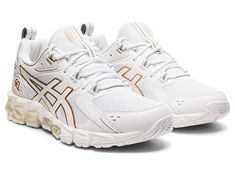 Women's GEL-QUANTUM 180 | White/Pure Gold | Sportstyle Shoes | ASICS Shoes Asics, Asics Women Gel, Asics Sneakers, Sneakers Running, Closed Toe Shoes, Wide Shoes, Asics Women, Round Toe Heels, Women Men Shoes