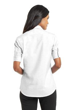 Port Authority ® Ladies Short Sleeve SuperPro ™ Oxford Shirt. L659 - WHITE - XXL | Port Authority Women's Short Sleeve SuperPro Oxford Shirt in White Size 2XL | Cotton/Polyester Blend Knife Pleats, Port Authority, Ladies Short, Oxford Shirt, Office Outfits, Screen Printing, Open Shoulder Tops, Oxford, Button Down Shirt