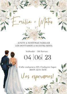 a wedding card with the bride and groom in front of white flowers on a white background