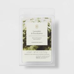 the label for lavender and eucalyptus seed pods in a plastic package on a white background