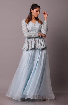 Disha Patil-Powder Blue Embellished Peplum With Sharara Pants-INDIASPOPUP.COM Powder Blue Indian Outfit, Ethnic Dresses Indian, Modern Traditional Dresses, Peplum With Sharara, Sharara Pants, Long Frock Designs, Long Gown Design, Lehenga Designs Simple