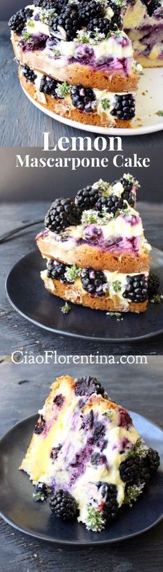 this is a cake with blueberries and cream cheese on top, then topped with blackberries