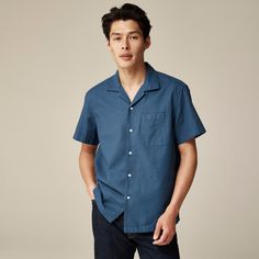 Relaxed short-sleeve textured cotton camp-collar shirt Linen Camp Shirt With Camp Collar, Cotton Short Sleeve Shirt With Camp Collar, Relaxed Fit Short Sleeve Polo Shirt, Camp Collar Shirt Men Outfit, Men Collar Shirt, Collar Shirt Men, Jcrew Collection, Linen Shop, Men's Suits