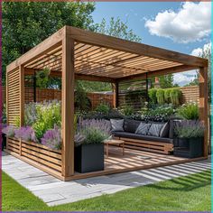 an outdoor living area with couches and plants