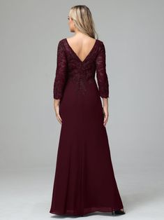 a woman in a long sleeved dress with an open back and lace detailing on the bo