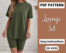 Elevate your loungewear game with our women's lounge set pattern, featuring comfy biker shorts and a relaxed lounge t-shirt design. This easy PDF sewing pattern is perfect for beginners, offering a versatile and cosy option for your next DIY project. Whether you're looking for a stylish loungewear set pattern or a casual knit pants pattern, this lounge set pattern has got you covered. Embrace comfort and style with this must-have loungewear pattern that will take your sewing skills to the next level. KEY FEATURES:  🧵 Available in sizes XS-XXXL. 🧵 Seam allowance is included in all sizes, measuring 1cm (3/8 inches). 🧵 Pattern comes in three print sizes: 🧵  A4 / US Letter size (for printing at home)  🧵 A0 size (for printing at a copy shop and projectors). 🧵 Fabric recommendation: Single Lounge Wear Sewing Patterns, Womens Lounge Set, Stylish Loungewear, Set Patterns, Easy Sewing Patterns, Loungewear Set, Sewing Skills, Knit Pants, Lounge Sets