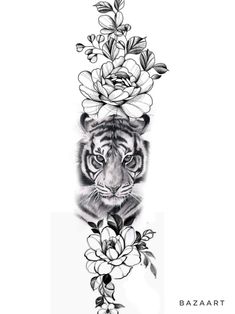 a tiger with flowers on its head and the word bazaart written in black ink