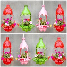 four pictures of different colored bird feeders with flowers in them and hanging from the ceiling