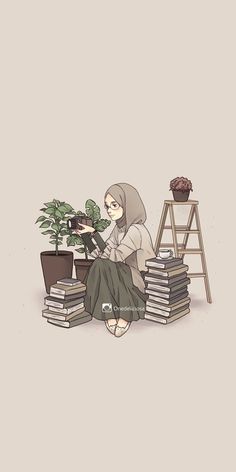 a woman sitting on the floor next to a pile of books and a potted plant