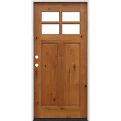 a wooden door with glass panels on the top and bottom panel, against a white background