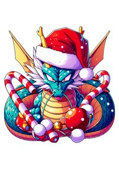 a dragon with a santa hat and candy canes on it's head, sitting in