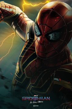 the poster for spider - man far from home is shown in full costume, with lightning behind him