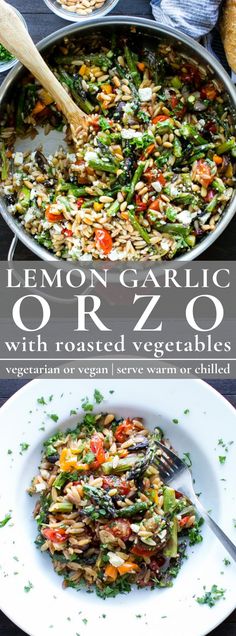 lemon garlic orzo with roasted vegetables in a skillet