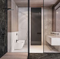 a modern bathroom with marble walls and flooring