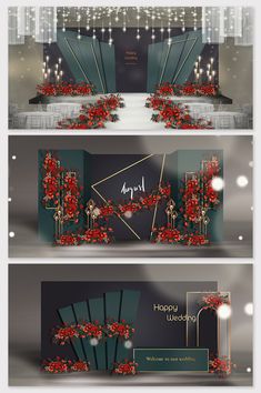 three banners with red flowers on them and the words happy wedding written in gold letters