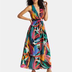 New With Tags Gabrielle Union Multi-Colored Maxi Dress, Deep V-Neck, Linen Texture Fabric. Chic Multicolor V-neck Dress For Vacation, Vibrant V-neck Maxi Dress For Spring, Vibrant V-neck Maxi Dress With Floral Print, Vibrant Green V-neck Maxi Dress, Vibrant Multicolor V-neck Dress, Chic Multicolor Maxi Dress With Surplice Neckline, V-neck Maxi Dress For Spring Holiday, Chic Multicolor V-neck Dress, Multicolor Maxi Length V-neck Dress For Vacation