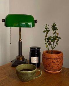 a green lamp sitting on top of a wooden table next to a potted plant