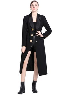 Stay stylish and warm this fall with our women's single-breasted long trench coat. The classic black color and shawl collar add a touch of sophistication, while the long length and trench coat style provide both fashion and function. Upgrade your fall outfit with this versatile and timeless piece. Shawl collar Front single-breasted button closure Long sleeves Lined Polyester Item #4101808 SIZE INFO XS=US2=UK6=EU32 S=US4-6=UK8-10=EU34-36 M=US8-10=UK12-14=EU38-40 ★★ It would be helpful if you prov Evening Wool Coat With Lapel Collar For Fall, Luxury Long Outerwear, Elegant Blazer Dress For Winter, Fall Evening Single-breasted Outerwear, Elegant Outerwear With Shawl Collar And Button Closure, Luxury Fall Blazer Dress With Button Closure, Long Winter Outerwear For Evening, Long Winter Evening Outerwear, Black Long Outerwear With Button Closure