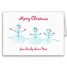 a christmas card with three snowmen and the words merry christmas from family names here