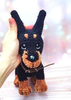 a hand is holding a small black and brown dog with orange ears on it's head