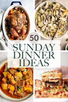 the cover of 50 sunday dinner ideas with images of different dishes and text overlay