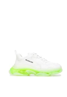 Balenciaga's white Triple S trainers are an avant-garde reworking of one of the label's cult styles. They're crafted from mesh and leather panels with an embroidered logo at the side, then set on a chunky fluorescent rubber sole.White/neon yellow Logo print to the sideRound toeFront lace-up fasteningPull-tab at the heel Chunky rubber soleComposition: Leather, mesh and leather panelsSole: Rubber 100%Lining: Fabric 100% White Custom Sneakers With Translucent Outsole In Mesh, Custom White Mesh Sneakers With Translucent Outsole, Designer Custom Sneakers With Logo Print For Streetwear, Designer Custom Sneakers With Contrast Sole For Streetwear, Designer White Mesh Sneakers, White Designer Mesh Sneakers, Designer Custom White Sneakers With Translucent Outsole, Balenciaga Triple S Sneakers, Chevron Outfit