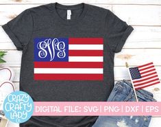 a t - shirt with the american flag and monogrammed initials on it, sitting next to an american flag