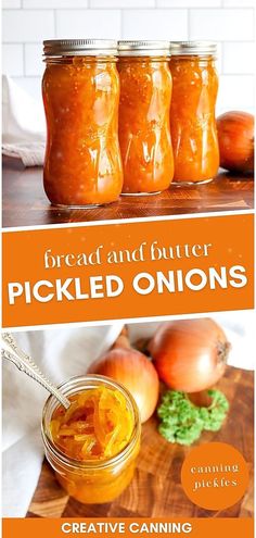 three jars filled with pickled onions sitting on top of a wooden cutting board next to onion slices