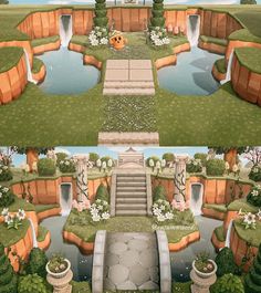 two views of a garden with steps leading up to the water and flowers on the ground