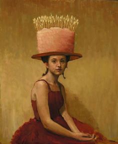 a painting of a woman wearing a pink hat with spikes on it's head