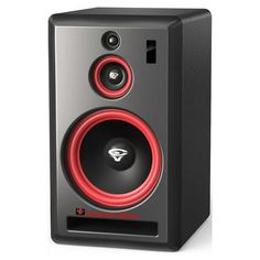 a black speaker with red trims on it's front and side speakers in the back