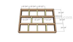 a wooden shelf with measurements for the top and bottom