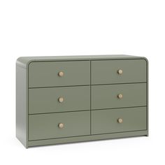 a green dresser with gold knobs on the top and bottom drawers, against a white background