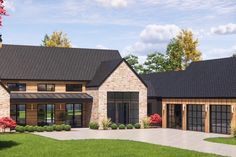 this is an artist's rendering of a house in the country style with stone and wood accents