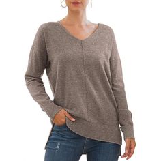 Women's Casual V-Neck Pullover Sweater Long Sleeved Sweater Top with High Low Hemline is going to be the newest staple in your wardrobe! Living up to its namesake, this sweater is unbelievably soft, lightweight, and cozy youre going to have to feel it to believe it. Size: XXL.  Color: Brown.  Gender: female.  Age Group: adult. Loose Pullover Sweater, Winter Pullover, Sweater For Women, Loose Pullover, Stylish Sweaters, Lightweight Sweater, Casual Sweaters, Belleza Natural, Batwing Sleeve